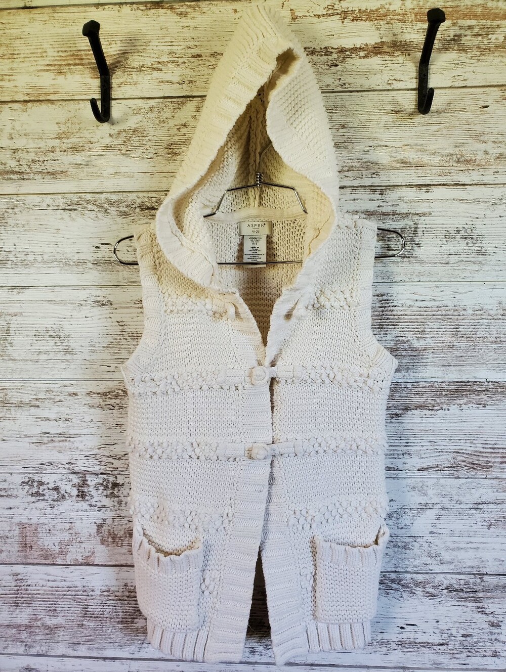 Aspen Kids Cream Textured Cable and Popcorn Knit Hooded Vest